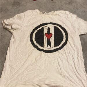 White T-Shirt with Black and Red Heart Design